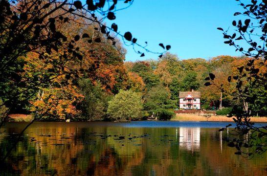 Smukt landskab med et lille gammelt hus ved en sø